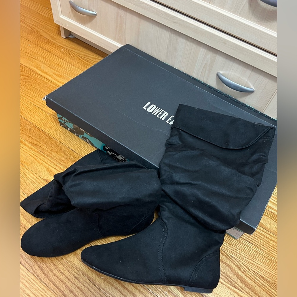 PAYLESS BRAND: unworn suede high rise black boots in original box!
